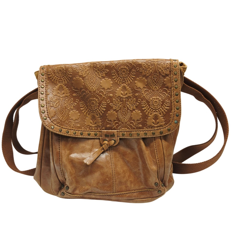 The Sak Embossed Leather Flap Crossbody Backpack in Cognac Brown